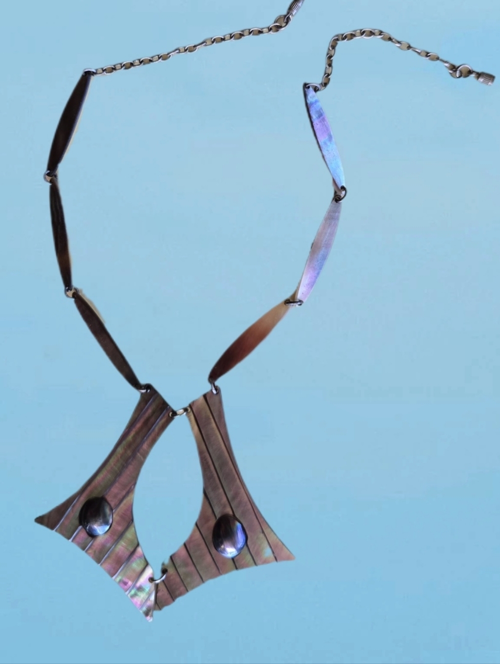 Iridescent Abalone Statement Necklace Pink/Blue Sheen  Vintage Polynesian Artsy
